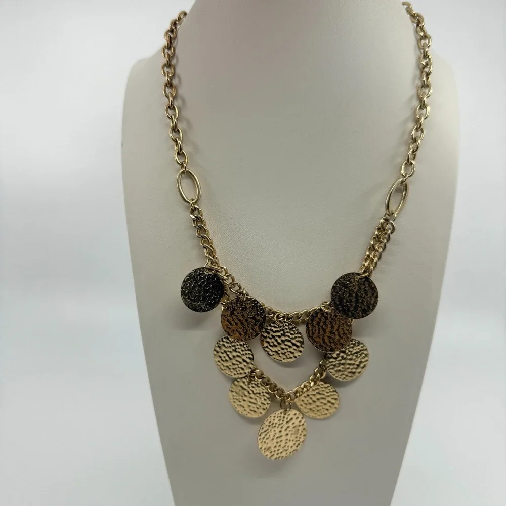 Vintage Boho Gold Tone Hammered Disc Bib Necklace Y2K Statement Chunky Chain